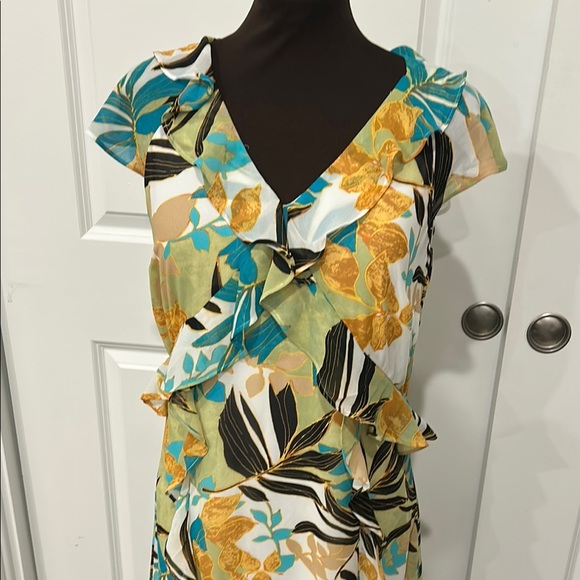 Chico's Yellow Green V-Neck Flutter Sleeve Midi Tropical Resort Dress Size 0/4 - Picture 3 of 12